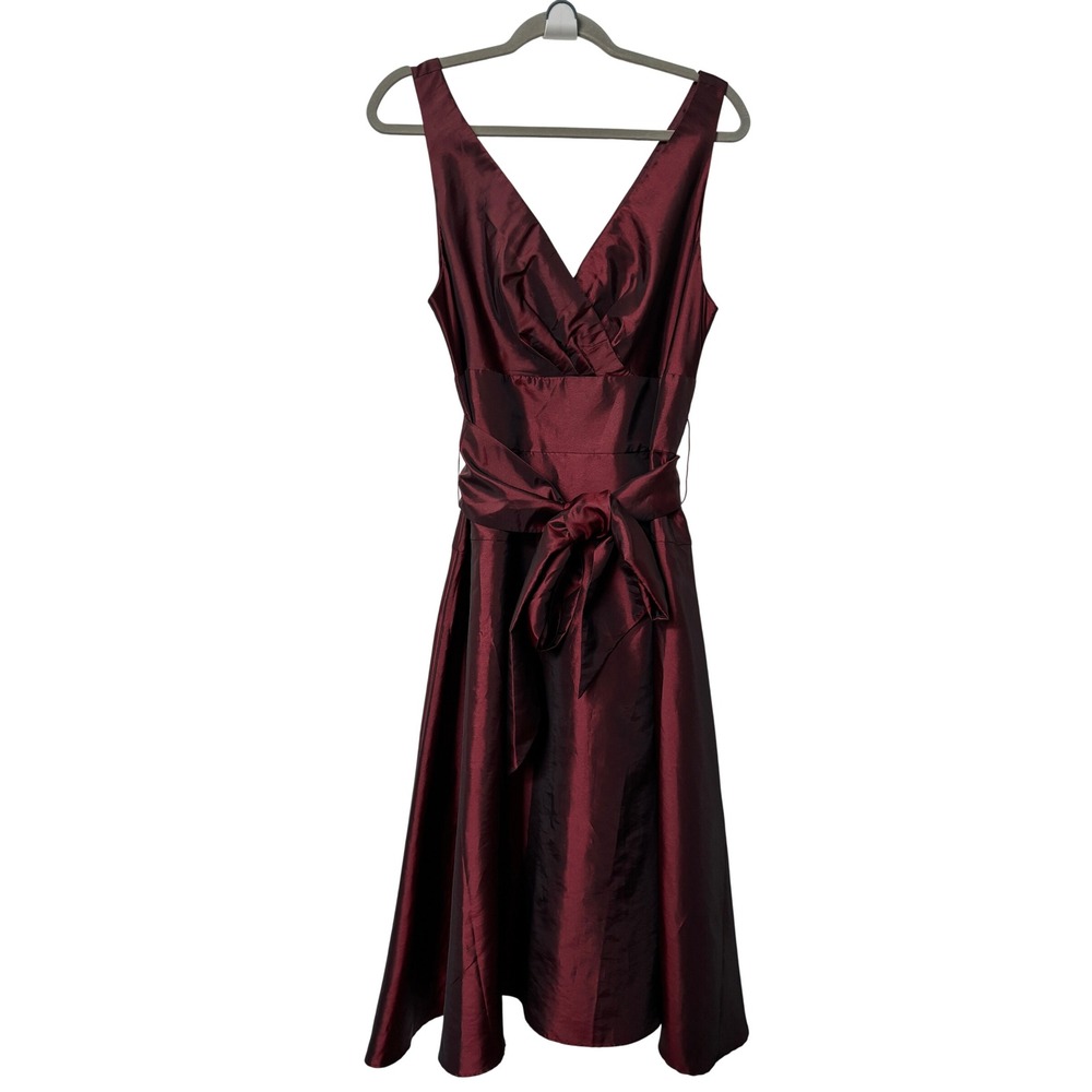 Y2K Coldwater Creek Burgundy V-Neck Taffeta Fit & Flare Midi Dress Wedding Guest